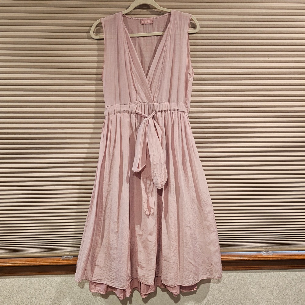 CP Shades Julia Pink Cotton Silk V-Neck Sleeveless Midi Tie Waist Dress XS